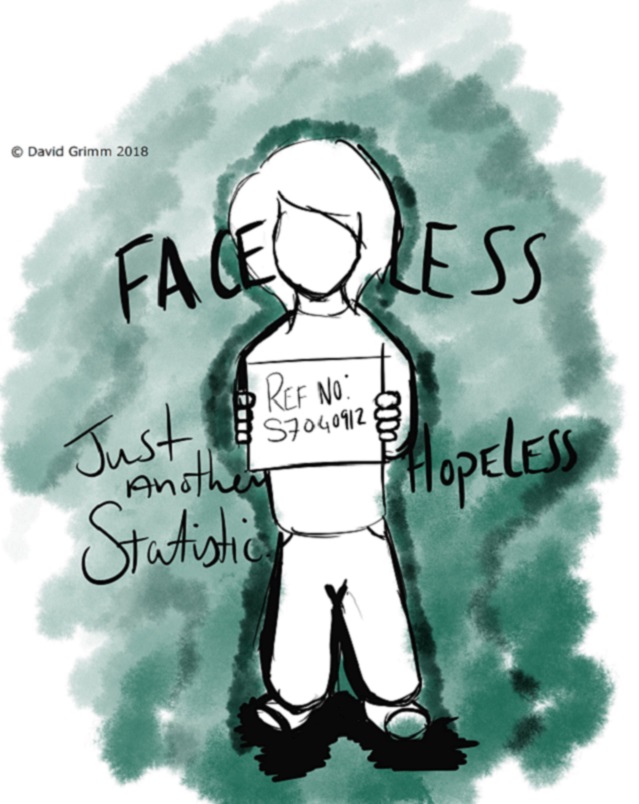 A graphic of a young person with the words, faceless, just another statistic and Hopeless.