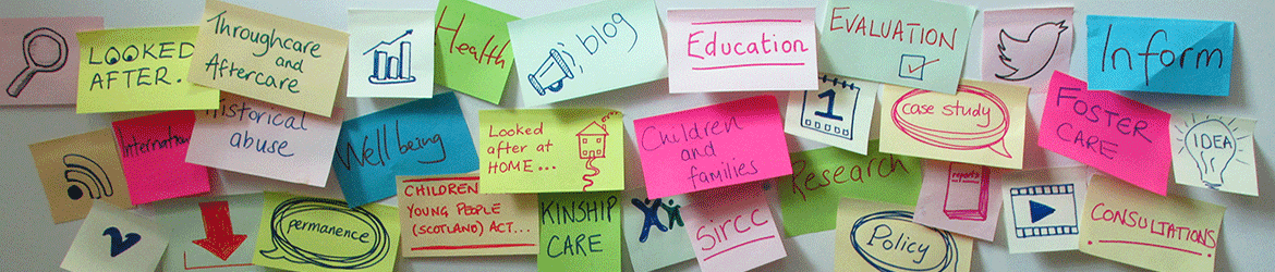 Post-its on a wall, reflecting the topics and subjects to be found in the CELCIS Knowledgebank.