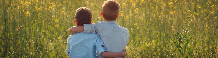Two boys, facing away from camera, sitting in a field with their arms around each other.